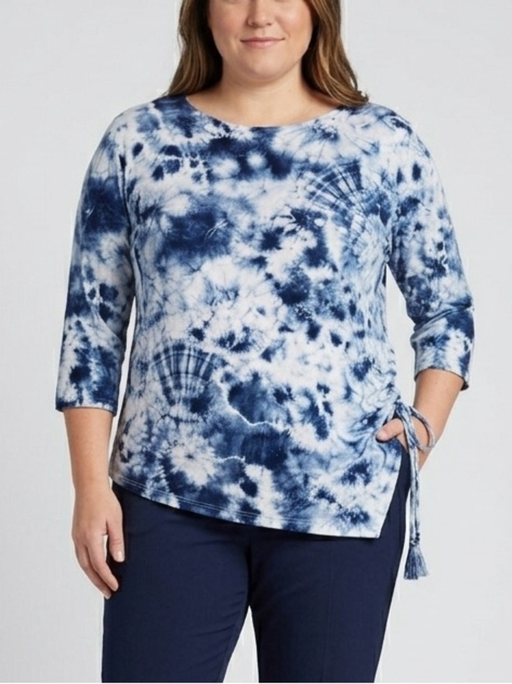 N Touch Tie-Dye Blue Asymmetrical Tie Front Boho Rayon blend Blouse Plus Size 1X